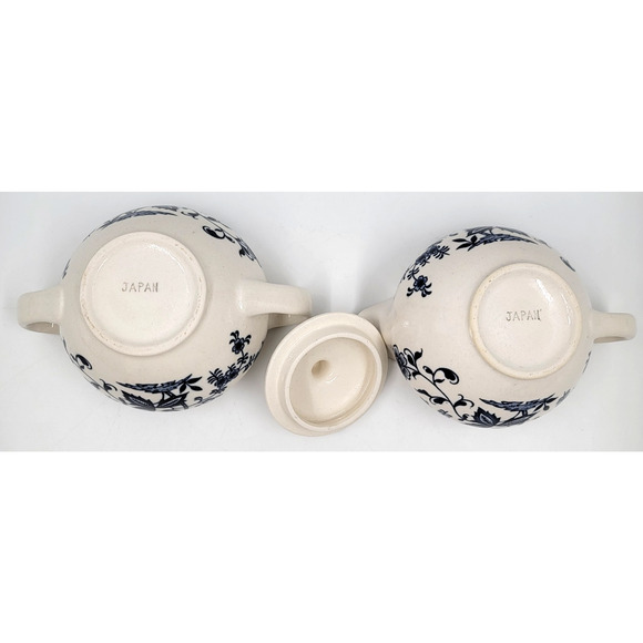 Blue Onion Creamer & Sugar Bowl Set Japan Earthenware Innerband Floral 1950 60's - Picture 6 of 6